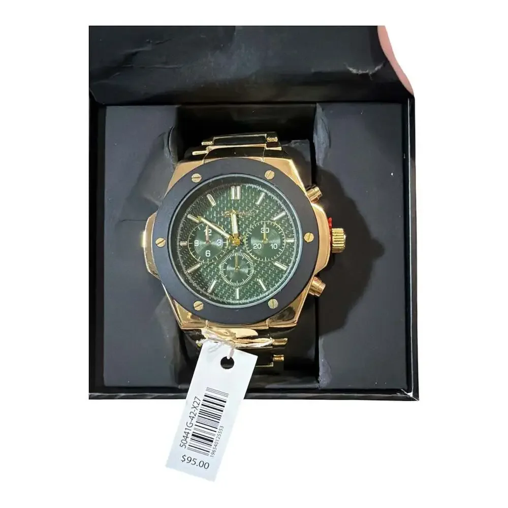 Ed Hardy Chronograph Gold-Tone Watch With Green Dial And Original Box